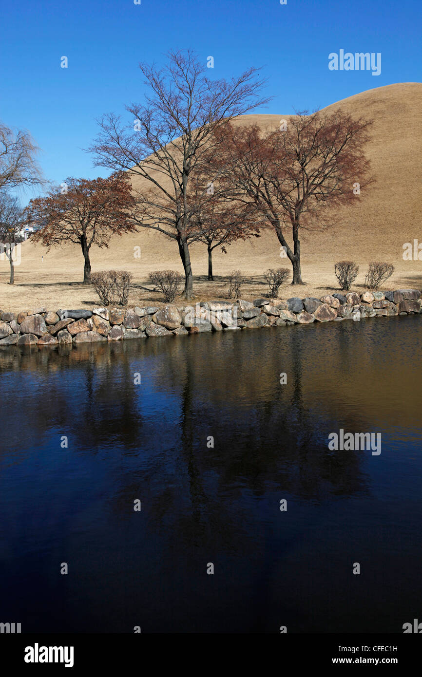 Daerungwon Royal Grabhügel Gräber und Grabhügel mit Silhouette der blattlosen Bäume im Winter in Gyeongju, Südkorea Stockfoto