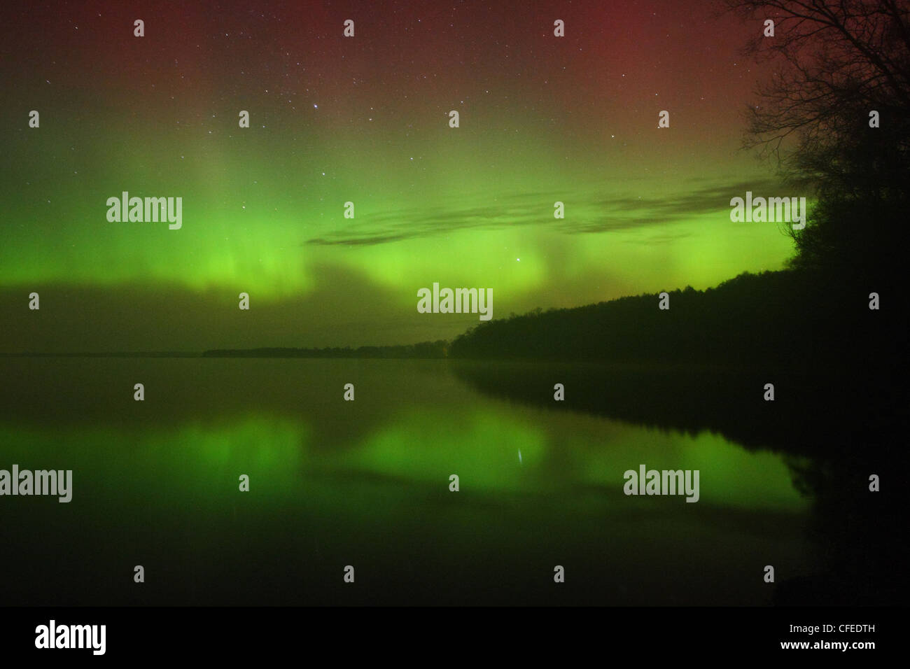 Nordlichter (Aurora Borealis) reflektieren, ruhigen Wasser des Sees Saadjärv. Europa, Estland Stockfoto