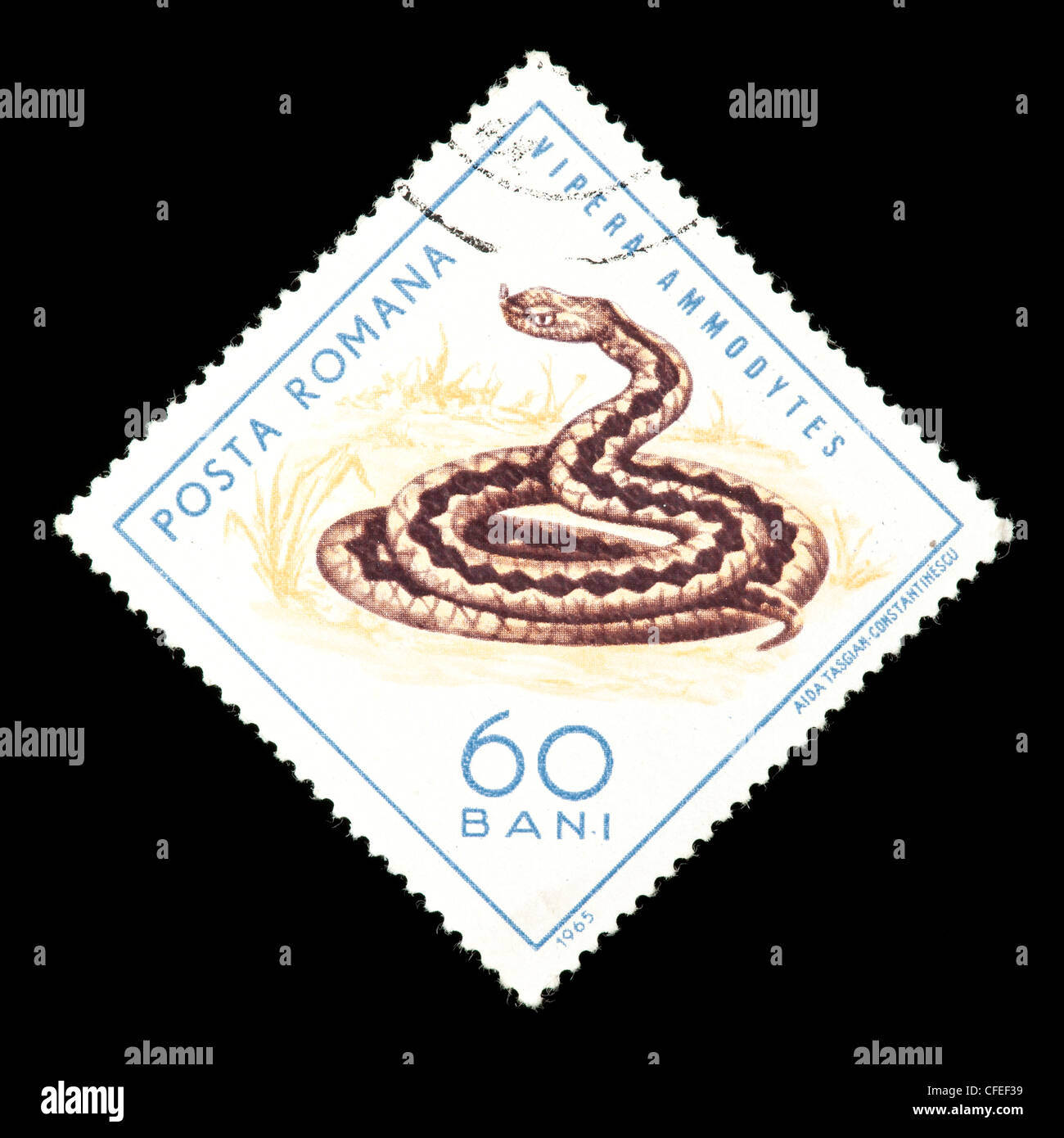 Briefmarke aus Rumänien mit einem Sand-Viper (Vipera Ammodytes) Stockfoto