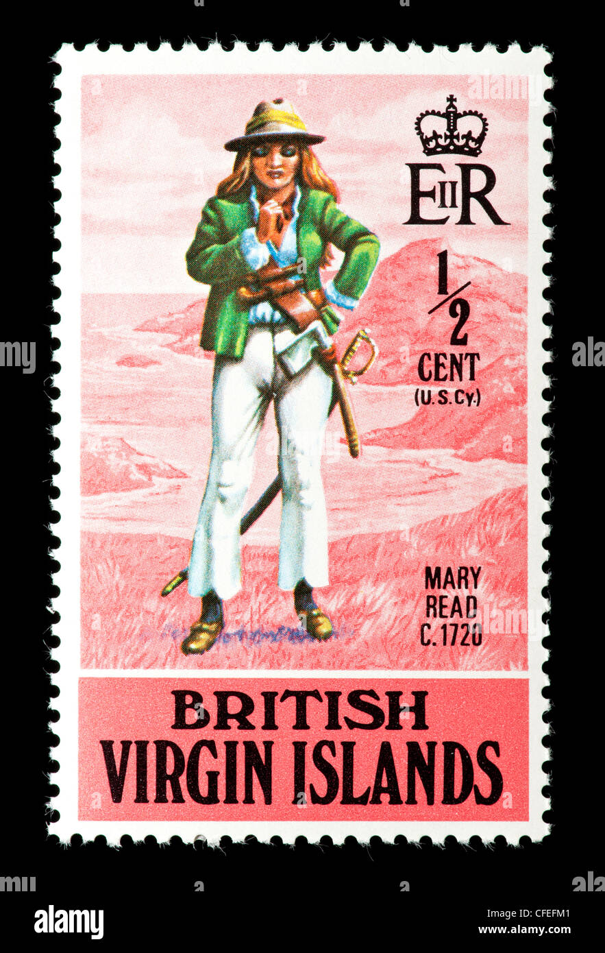 Briefmarke aus der British Virgin Islands Darstellung Mary Read um 1720, eine berühmte Frau Pirat. Stockfoto