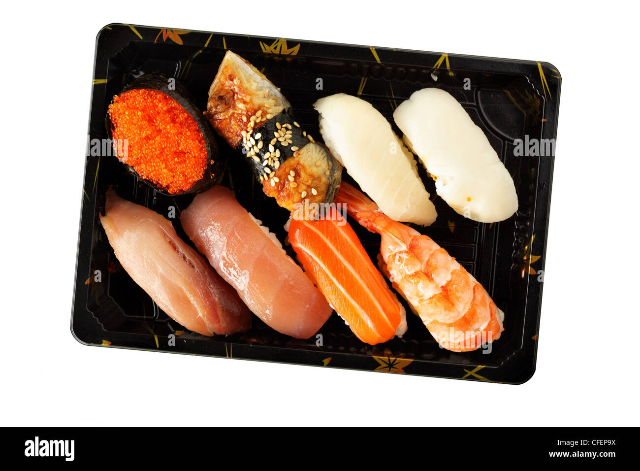Satz von Sushi über weißen Hintergrund isoliert Stockfoto