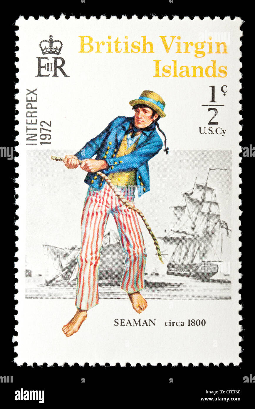Briefmarke aus der British Virgin Islands Darstellung einen britischen Seemann, um 1800. Stockfoto