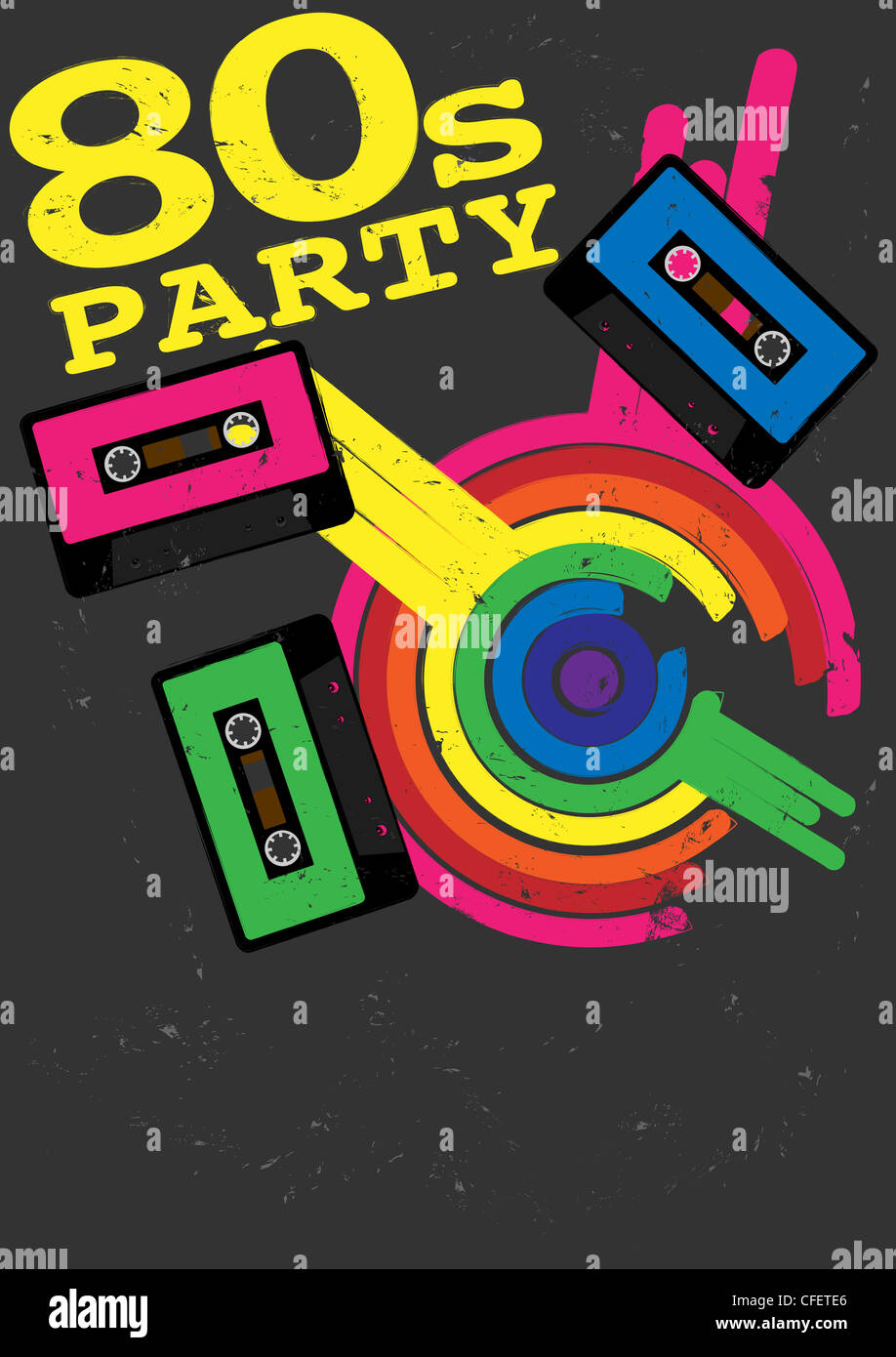 Retro-Poster - 80er Jahre Party Flyer mit Audio-Kassette Stockfoto