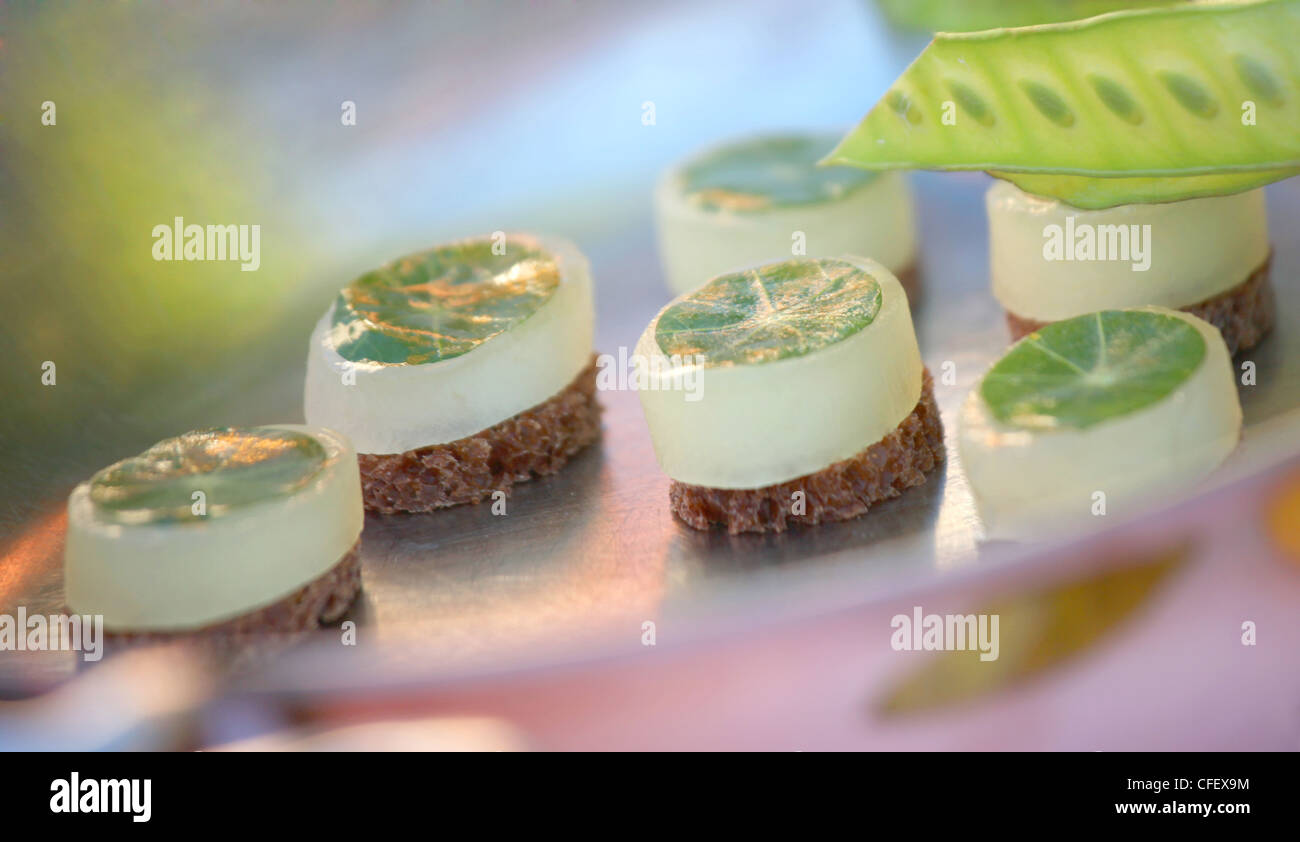 Amuse-Bouches Passionsfrucht Gel auf Runde Kuchen mit Kapuzinerkresse Blätter auf Glasplatte in am Nachmittag Licht Runde Stockfoto