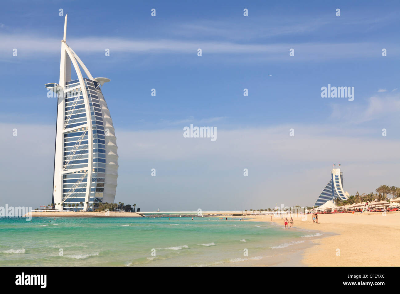 Burj Al Arab und Jumeirah Beach Hotels, Jumeirah Beach, Dubai, Vereinigte Arabische Emirate, Naher Osten Stockfoto