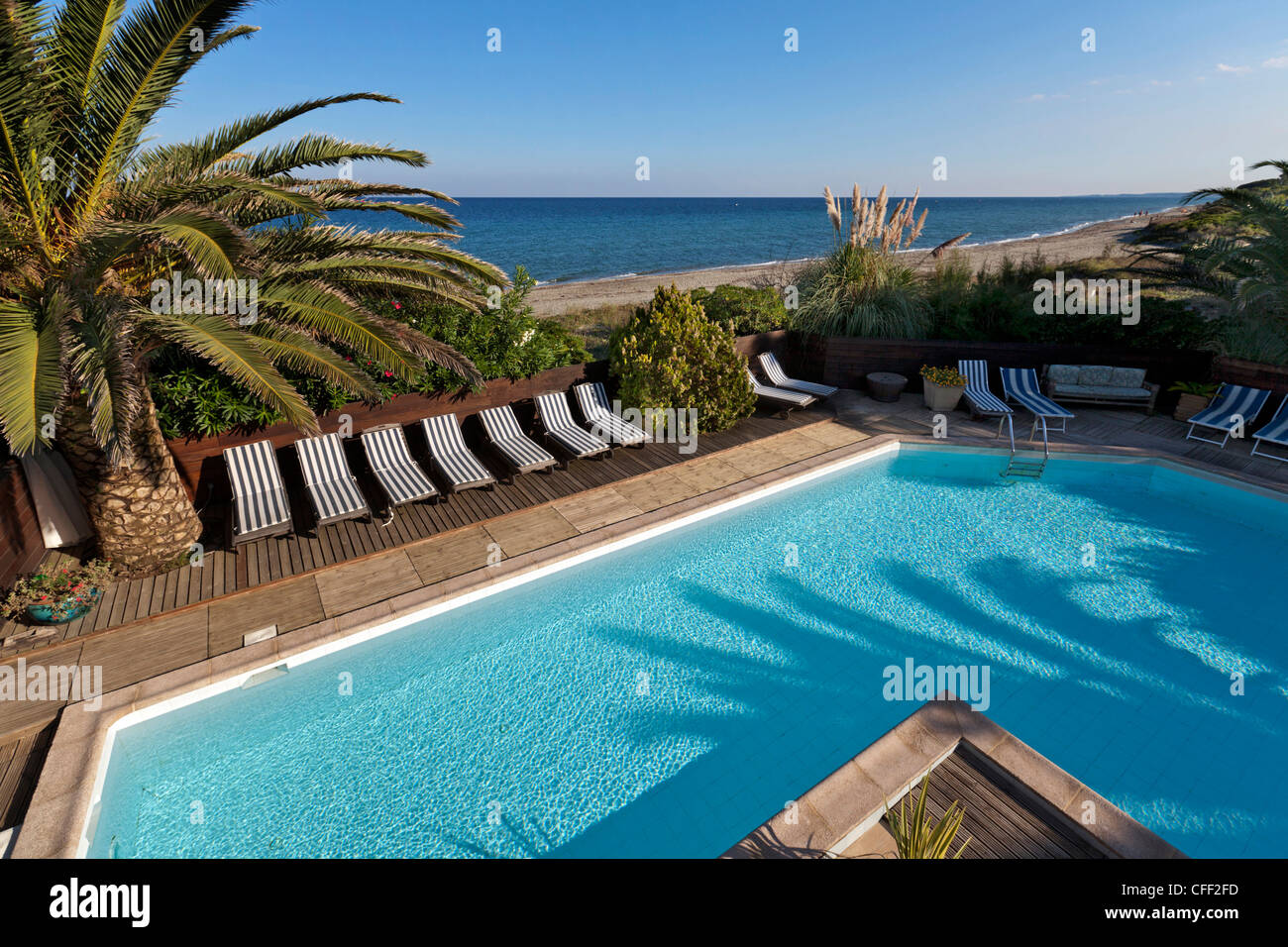 Pool am Hotel Levolle Marine, Moriani-Plage, Castagniccia, Korsika, Frankreich Stockfoto