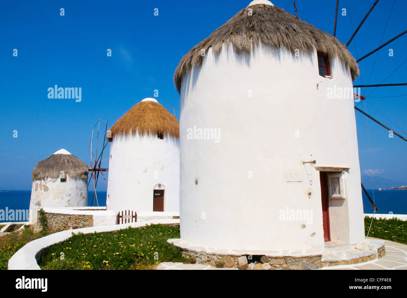 Die fünf Mühlen von Mykonos (Kato Mili), Mykonos, Cyclades, griechische Inseln, Griechenland, Europa Stockfoto