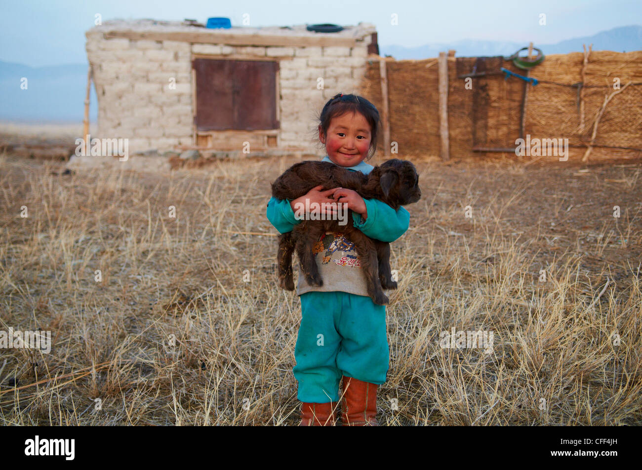 Junge Junge mongolische Nomaden mit seiner Ziege, Provinz Khovd, Mongolei, Zentral-Asien, Asien Stockfoto