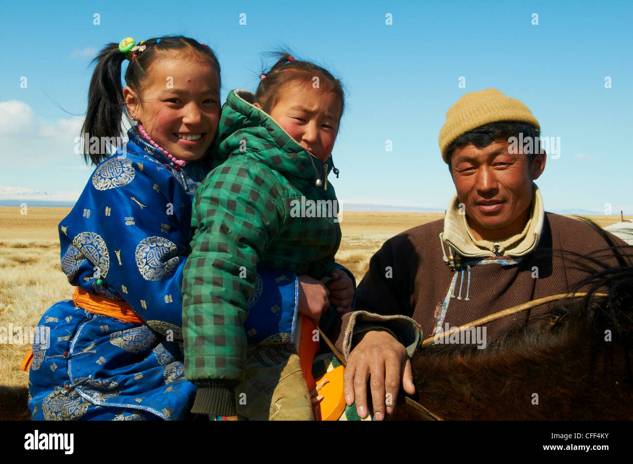 Mongolische Nomaden in Winter, Provinz Khovd, Mongolei, Zentral-Asien, Asien Stockfoto