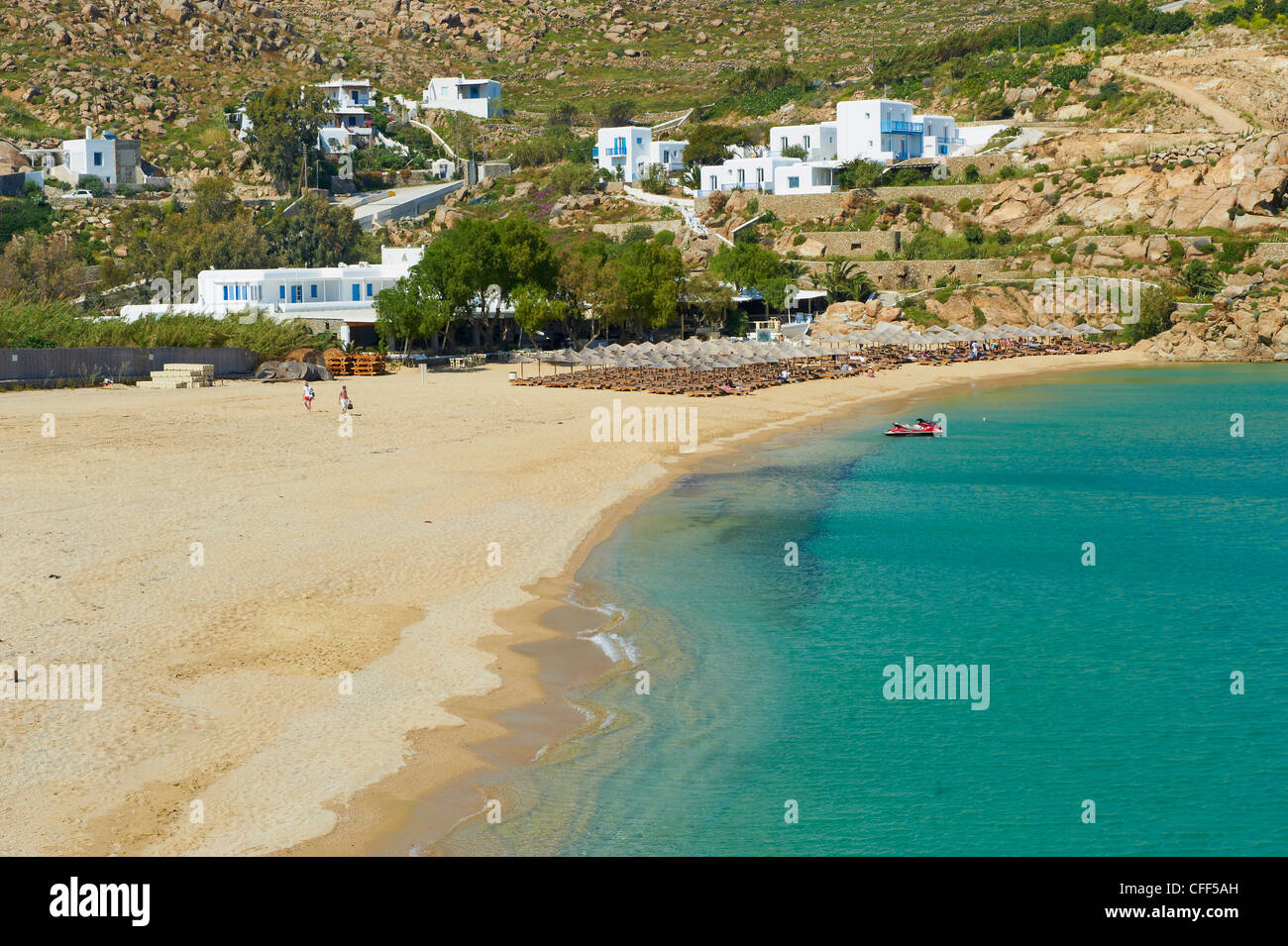 Super Paradise Beach, Chora, Mykonos-Stadt, Insel Mykonos, Cyclades, griechische Inseln, Griechenland, Europa Stockfoto