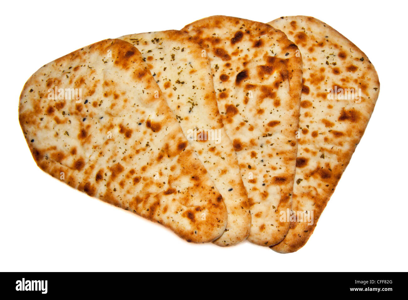 Vier frische Naan Brot isoliert auf weiß Stockfoto