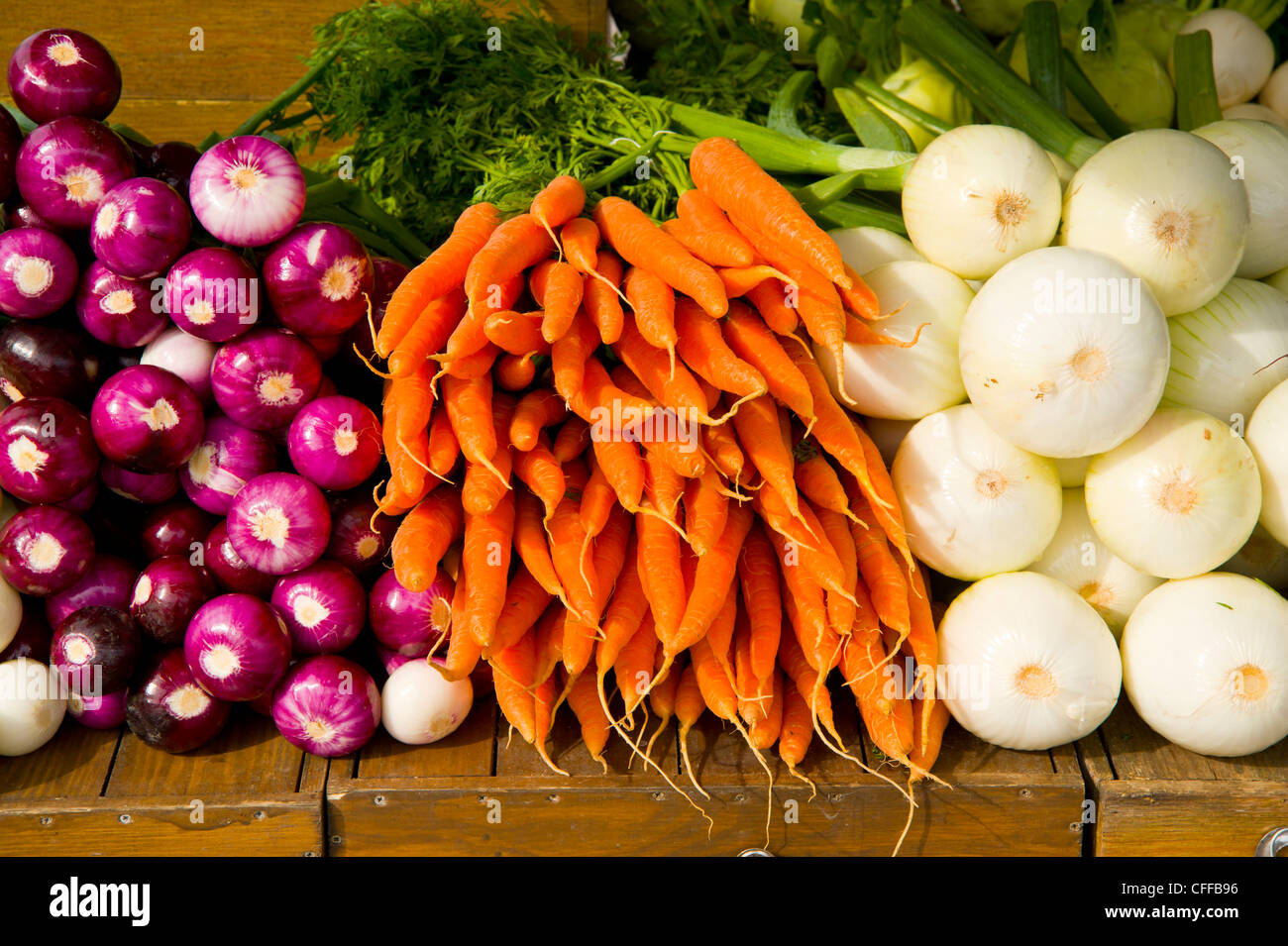 Zwiebeln und Karotten auf einem Stall im finnischen Turku Marktplatz (Kauppatori) Stockfoto