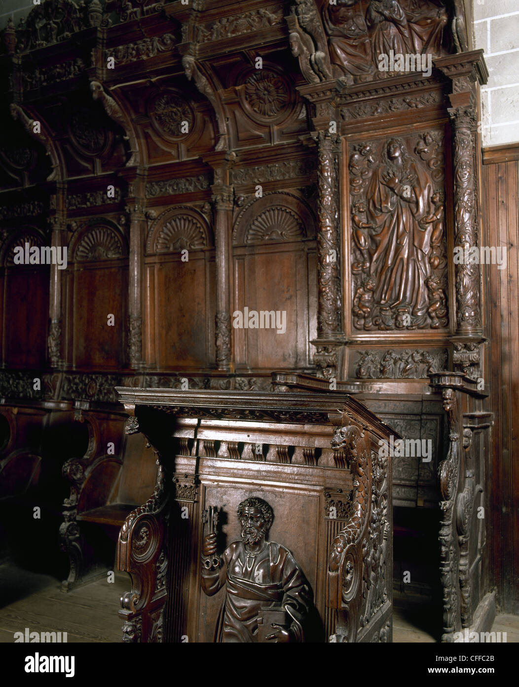 Renaissance Kunst. Barbastro Kathedrale. Chorgestühl aus Eichenholz von Geroge Comon und John Jubero. Erstens, St. Peter. Aragon. Spanien. Stockfoto