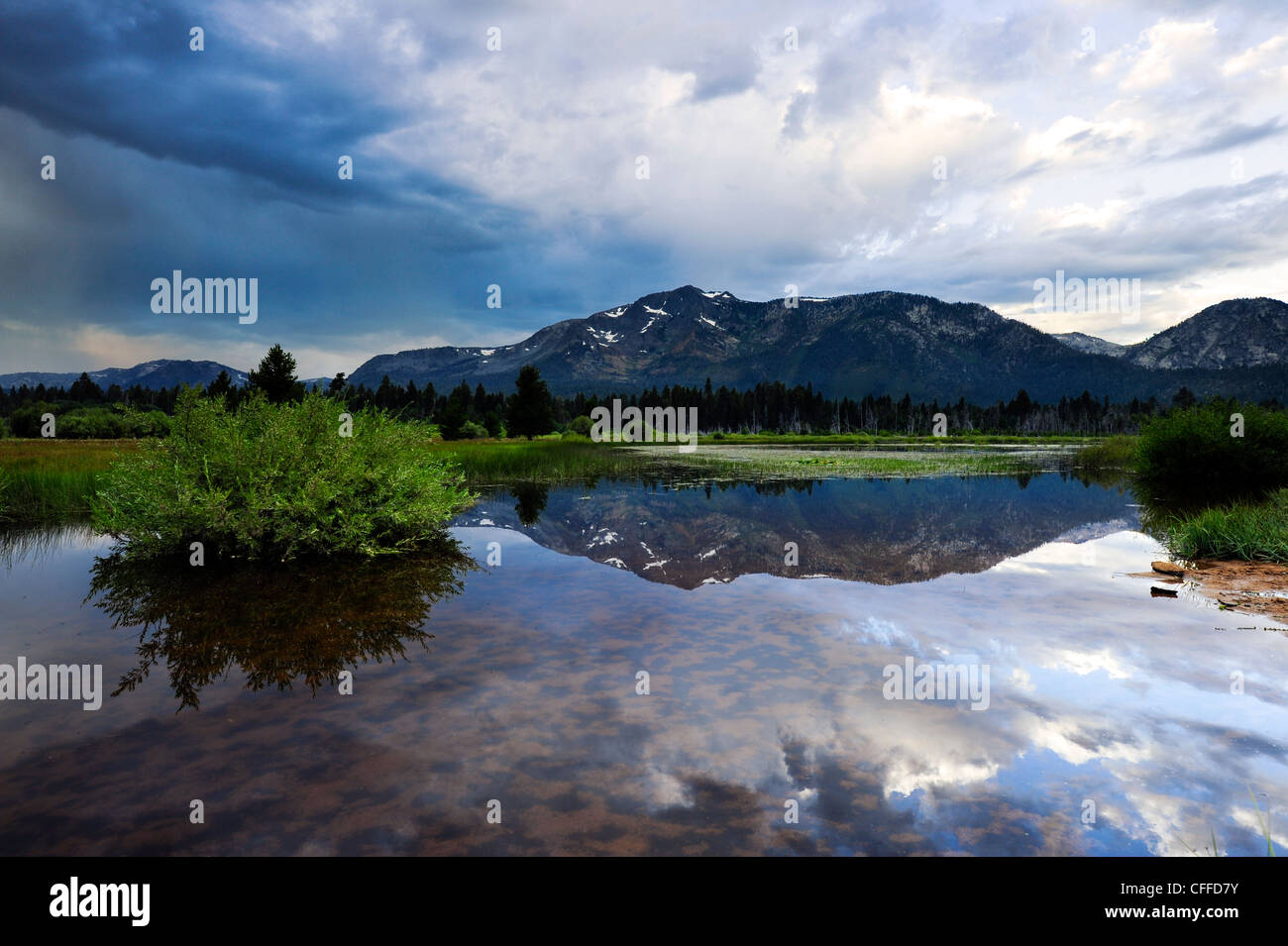 Mount Tallac und dramatische Wolken spiegeln in einer Lache des Wassers im Sommer in Lake Tahoe, Kalifornien. Stockfoto