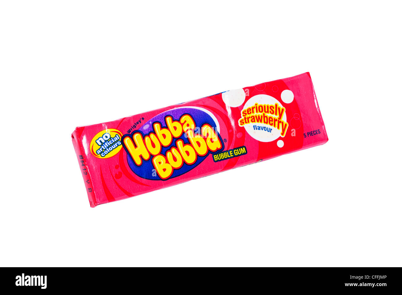 Eine Packung von Hubba Bubba Erdbeere Geschmack Kaugummi auf weißem Hintergrund Stockfoto
