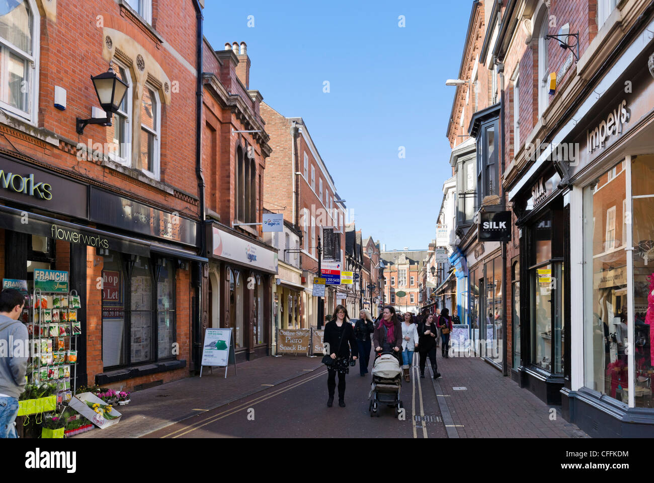 Geschäfte auf Loseby Lane in der Stadt Zentrum, Leicester, Leicestershire, England, UK Stockfoto