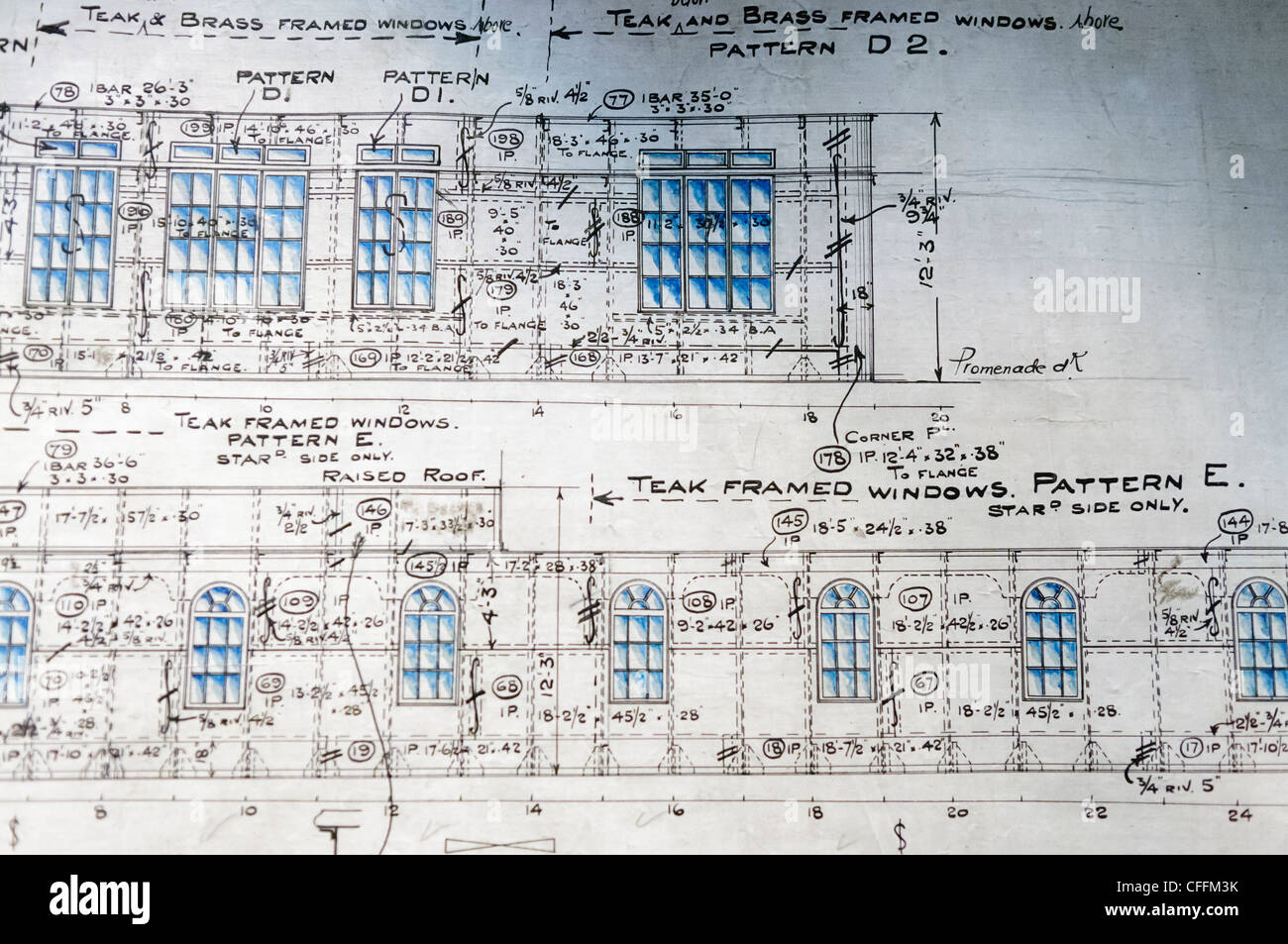 Ursprünglichen technischen Zeichnungen Pläne von dem Promenadendeck auf der Titanic auf die Ausstellung Titanica, Belfast Stockfoto