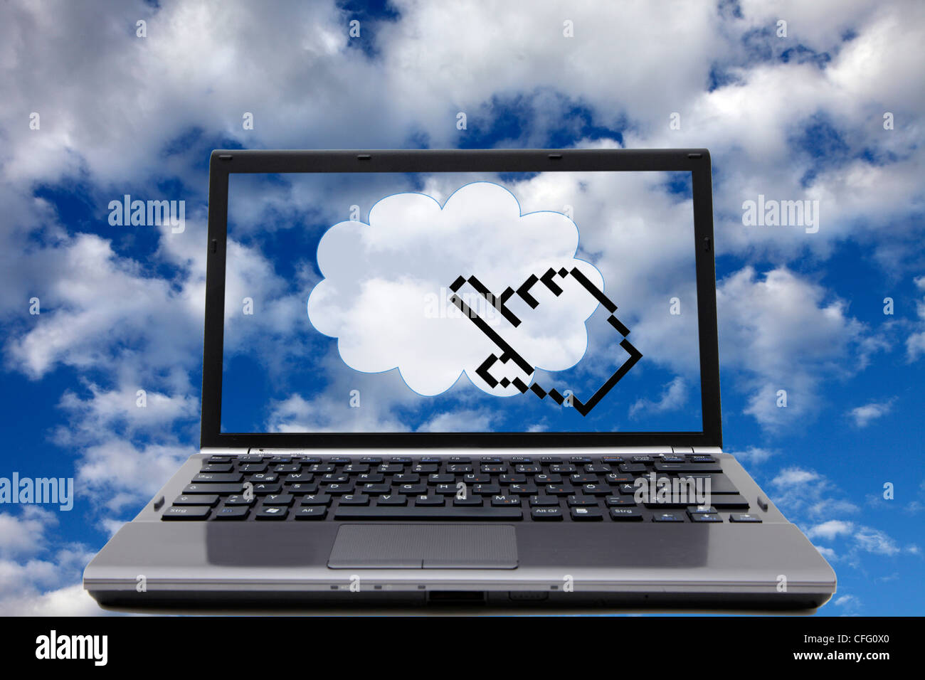 Bild Symbol, cloud-computing. Benutzer sendet Daten an einen externen Server bekommt Zugriff auf seine Daten von überall auf der Welt. Stockfoto