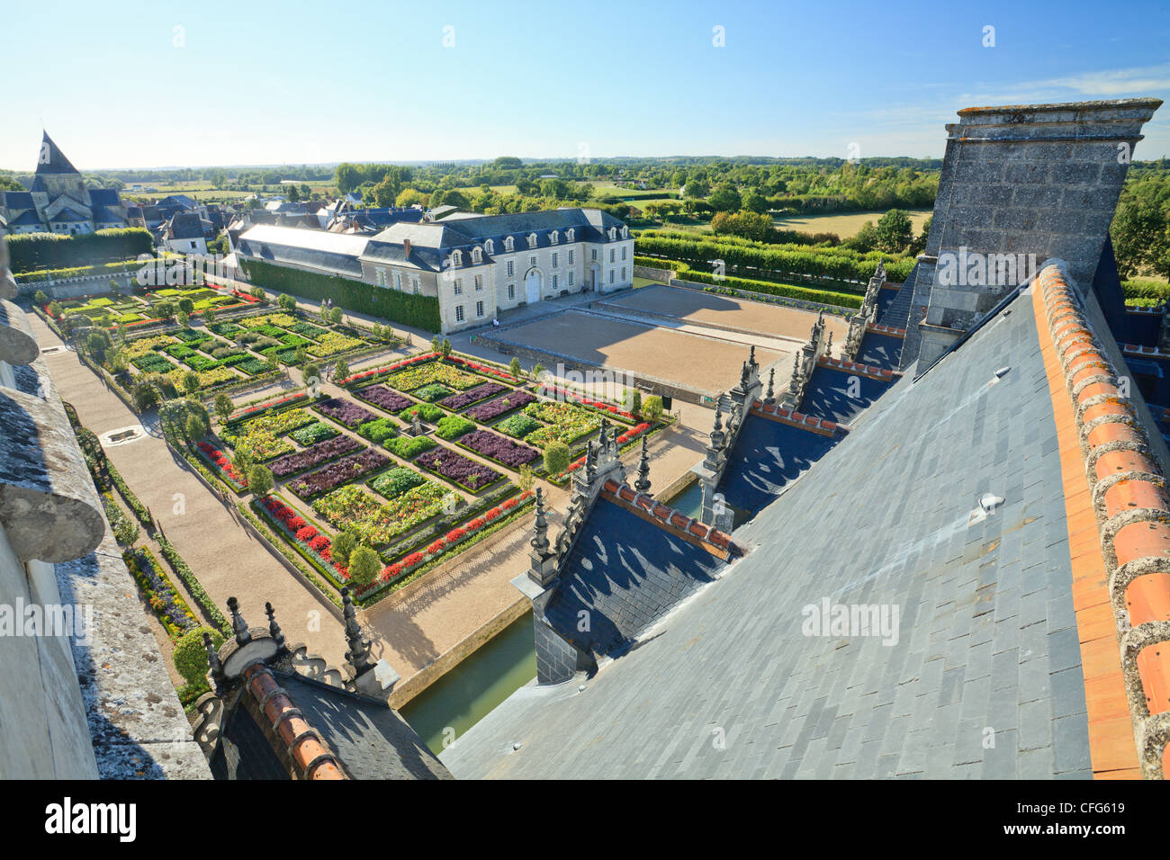 Frankreich, Gärten von Villandry Burg, gesehen auf den Dächern des Schlosses und der Gärten aus dem Kerker. Stockfoto