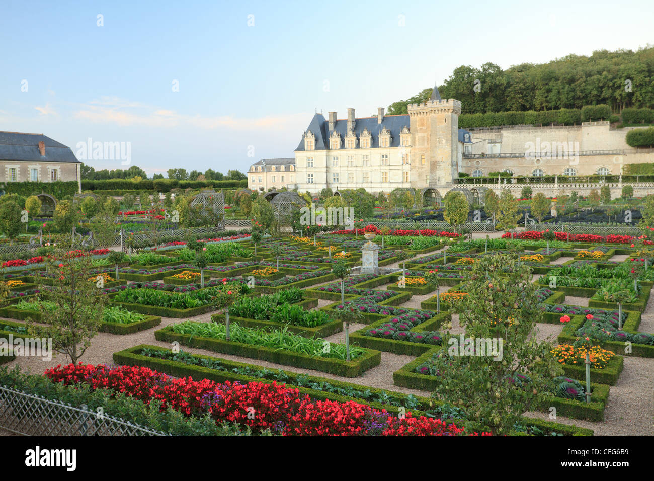 Frankreich, Gärten von Villandry Burg, der Küchengarten behandelt wie ein "Jardin à la Française" und das Schloss. Stockfoto