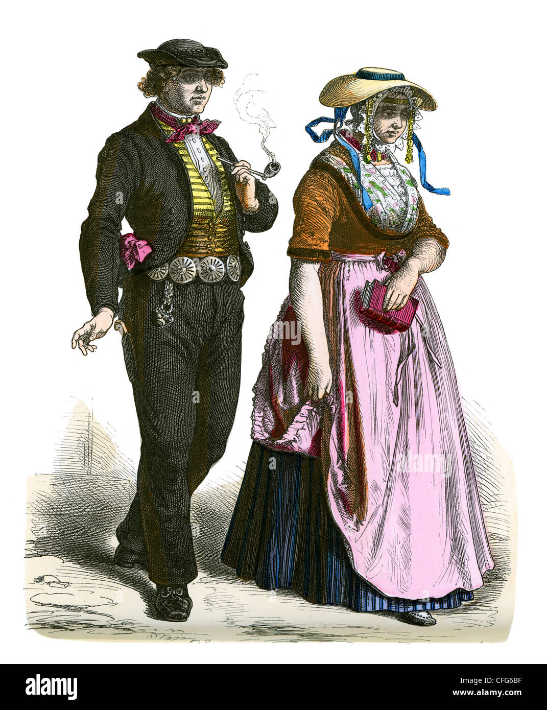 Ein paar in der Tracht des niederländischen Country Folk des 19. Jahrhunderts Stockfoto