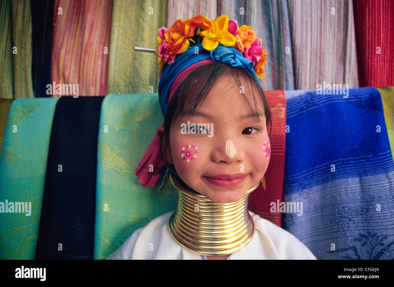 Thailand, Goldenes Dreieck, Chiang Rai, lange Hals Karen Hilltribe, lange Hals Mädchen Stockfoto