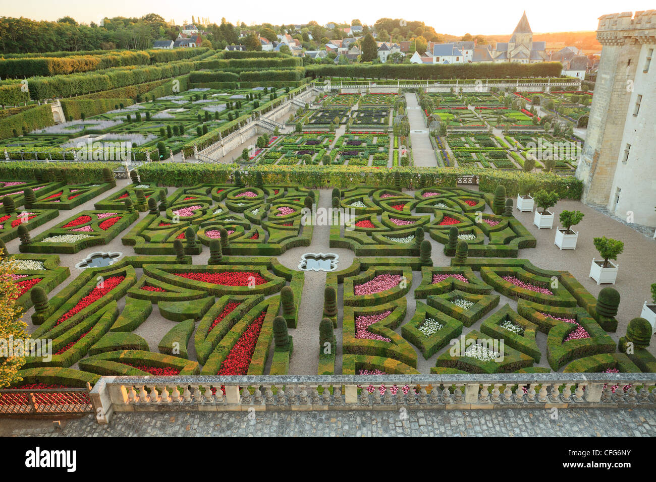 Frankreich, Gärten von Villandry Burg, im Vordergrund "Garden of Love" (Topiaries und Begonien). Der Küchengarten entfernt. Stockfoto