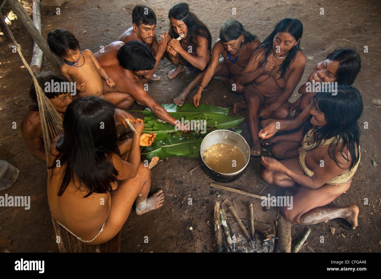 Huaorani in ihrem Haus zu essen. Das Fleisch wird zerkleinert und auf Bananenblättern auf dem Boden platziert. Amazonas-Regenwald, Ecuador Stockfoto