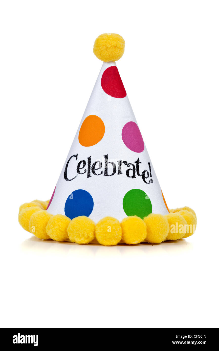 Geburtstag-Hut mit "Feiern" auf weißem Hintergrund Stockfoto