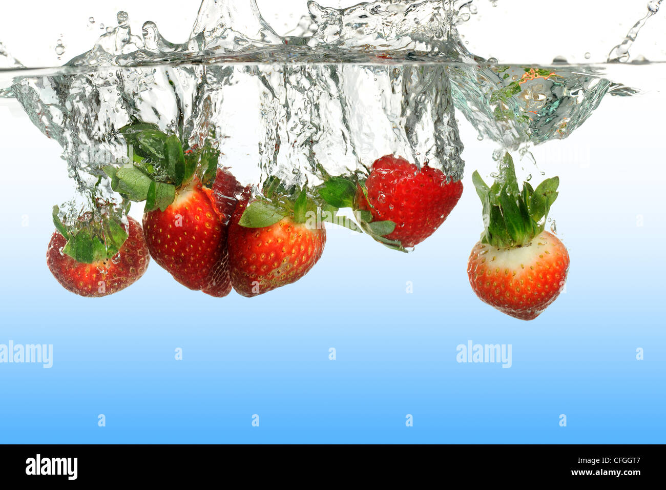 Erdbeeren in Wasser spritzt über weißer Hintergrund Stockfoto