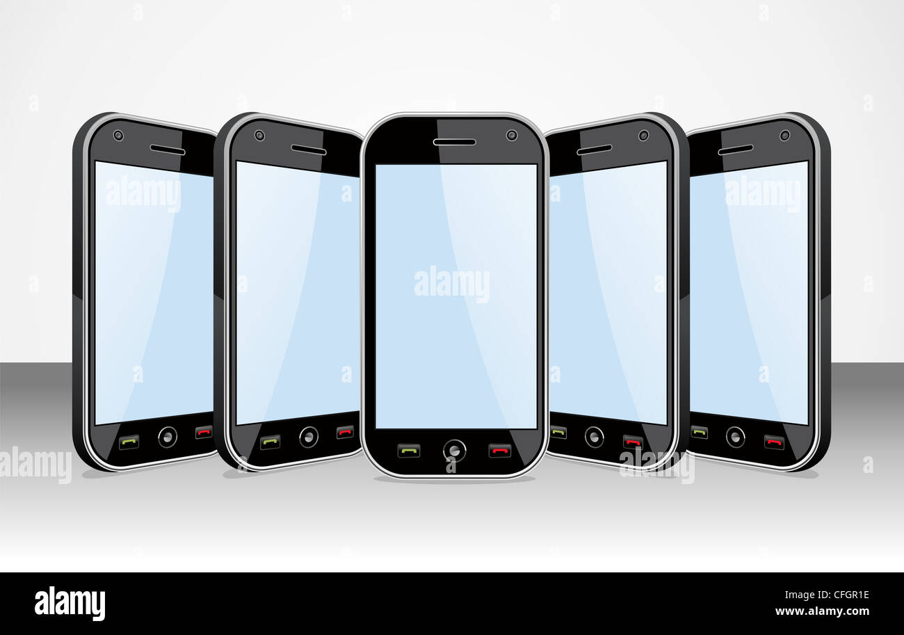 Satz von Schwarz Smartphones Vorlagen auf weißem Hintergrund. Sie können Ihre eigenen Bilder auf dem Bildschirm platzieren. EPS-8 Vektor, sauber gebaut ohne offene Formen oder Striche. Gruppierte und bestellten in Schichten für die einfache Bearbeitung. Stockfoto