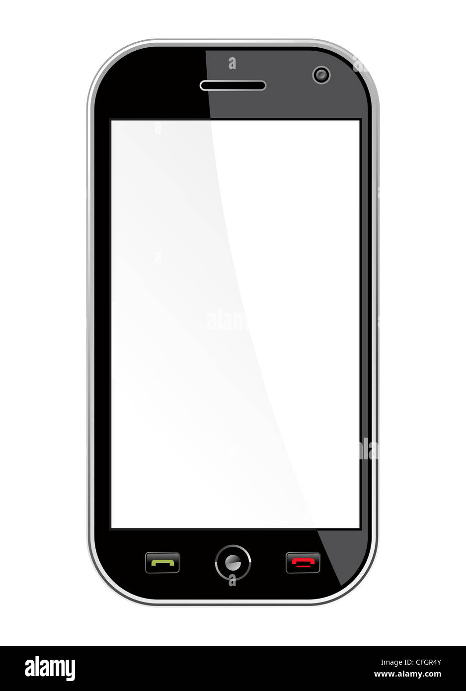 Generische schwarz Smartphone isoliert weiß mit Freiraum für Ihr eigenes Design oder Bild. Nützlich für mobile Anwendungen-Präsentation. EPS-8 Vektor, sauber gebaut ohne offene Formen oder Striche. Gruppierte und bestellten in Schichten für die einfache Bearbeitung. Stockfoto