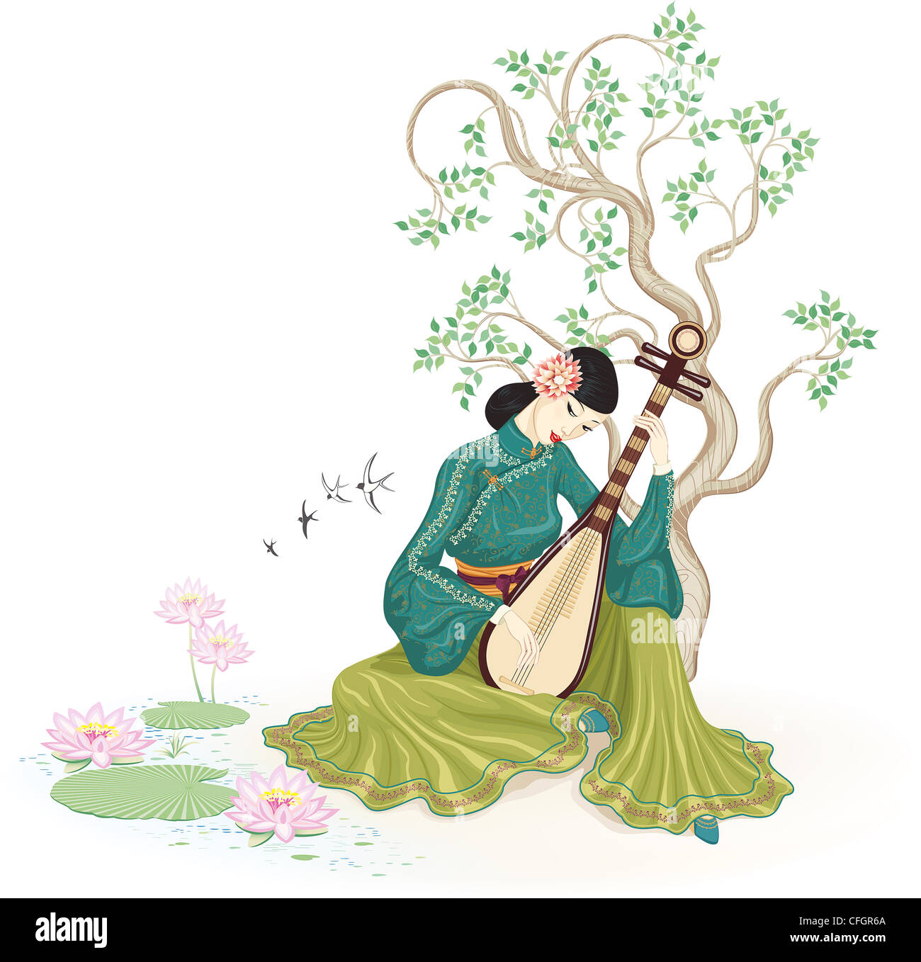 Abbildung einer schönen chinesischen Frau sitzen und spielen die traditionellen chinesischen Musikinstrument im Garten Stockfoto