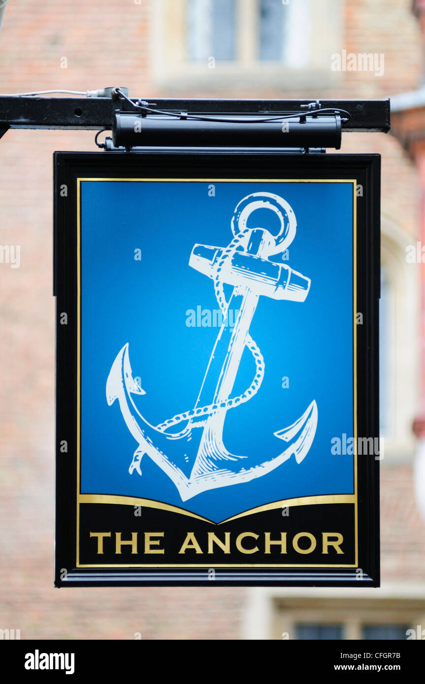 Die Anchor Pub Schild, Wäscherin Lane, Cambridge, England, UK Stockfoto