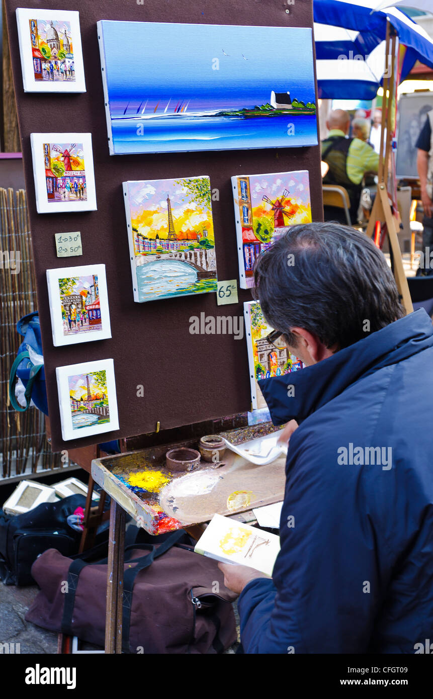 Maler und Leinwände in Montmartre, Paris, Frankreich Stockfoto