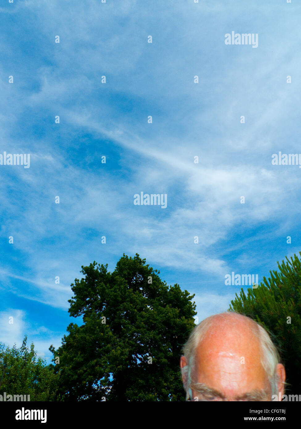 Sonnenschein, blauer Himmel, älterer Mann in seinem Garten hinter dem Haus, Hochformat Stockfoto