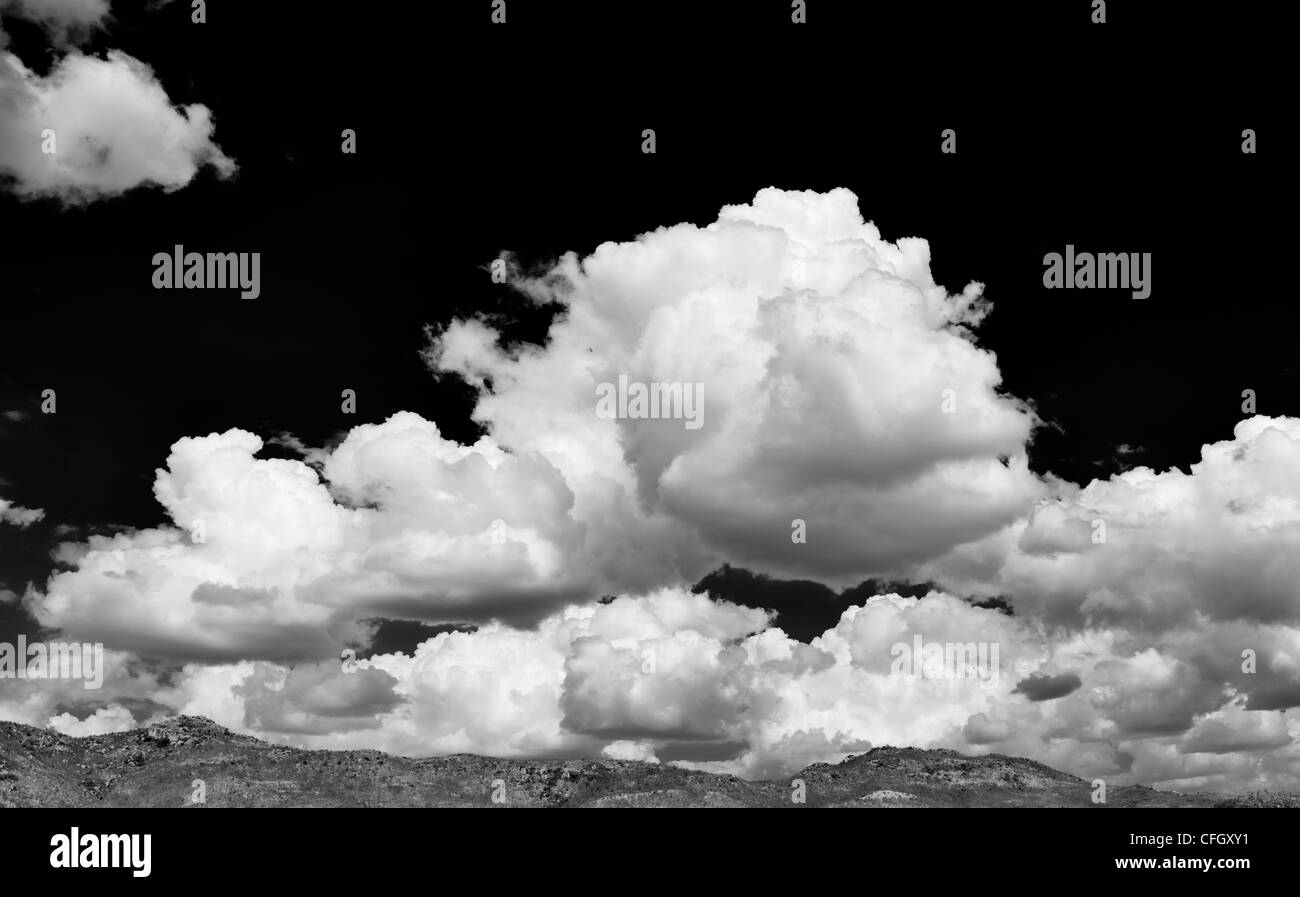 Altocumulus Undulatus und Cumulus-Wolken. Wolke Himmel Panorama. Indien. Monochrom Stockfoto