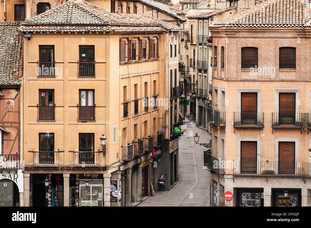 Straße und Gebäude, Segovia, Spanien Stockfoto