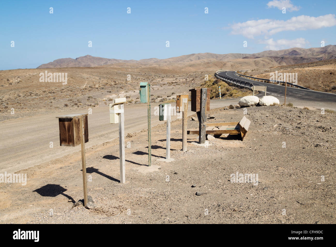 Postfächer auf West Küste von Fuerteventura, Kanarische Inseln, Spanien Stockfoto