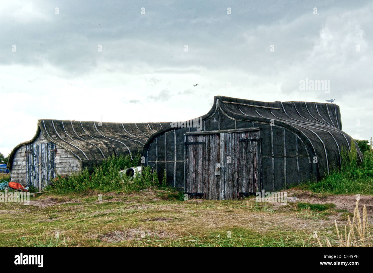 Northumberland umgedrehten heilige Insel Boote jetzt als Speicher verwendet Stockfoto