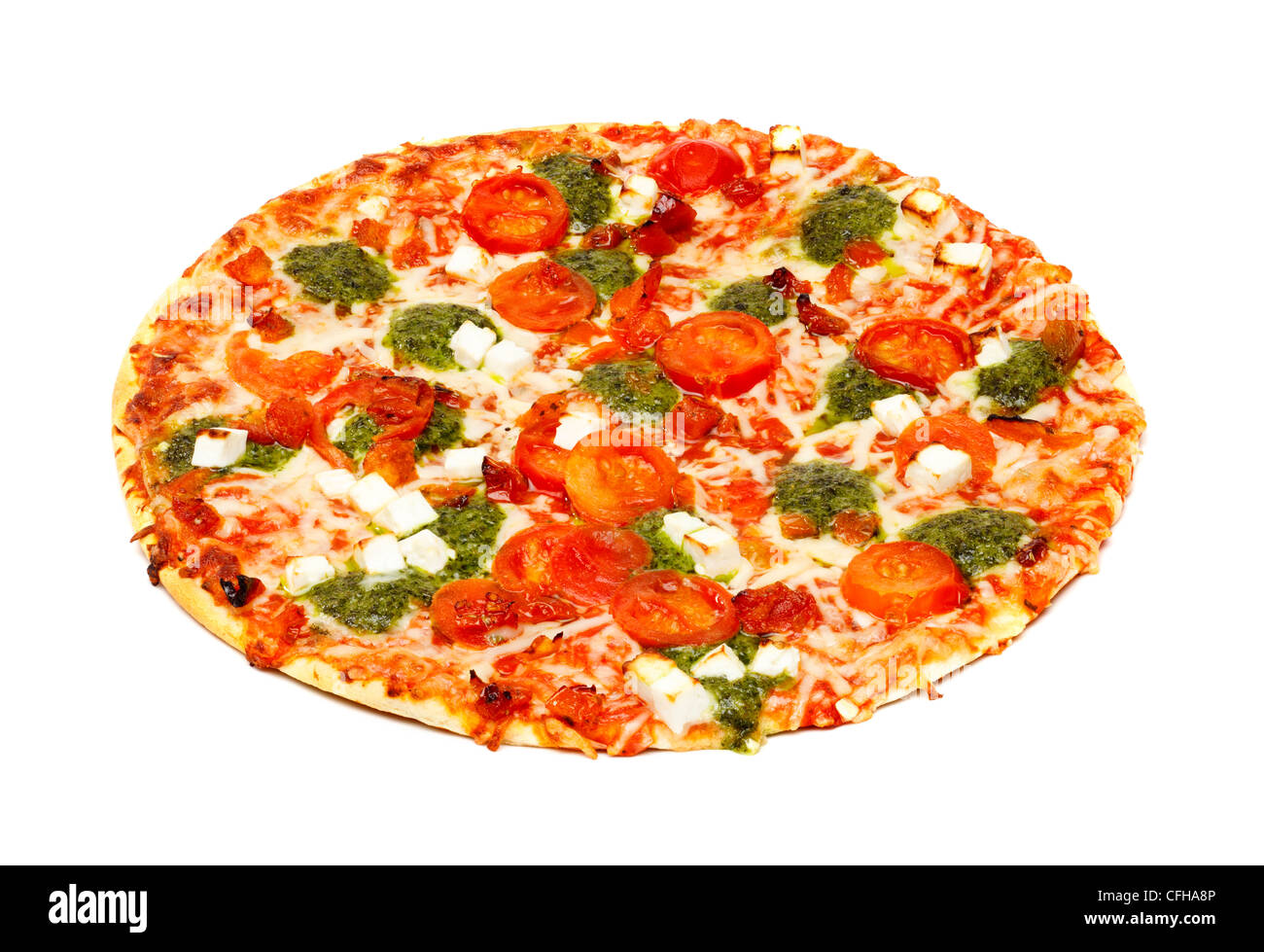 Käse und Tomaten Pizza auf weißem Hintergrund Stockfoto