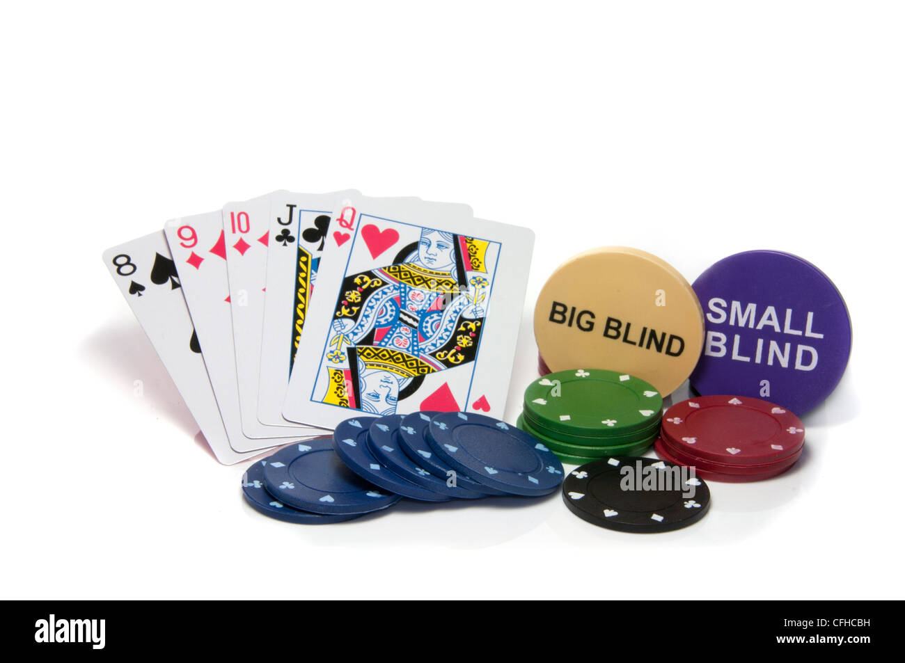 Karten im Poker Chips auf den Tisch und große und kleine blind Stockfoto