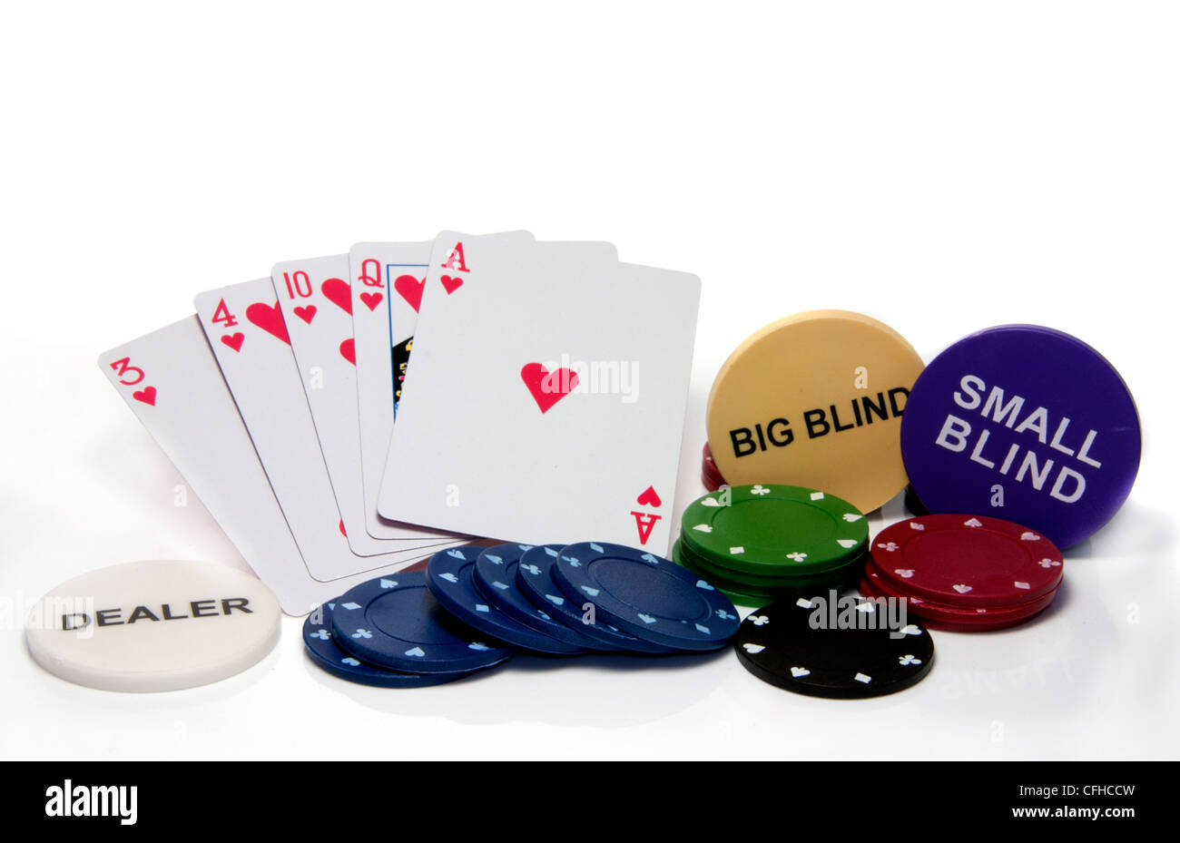 Spülen Sie Herzen im Poker Chips und große und kleine Blind auf dem Tisch Stockfoto