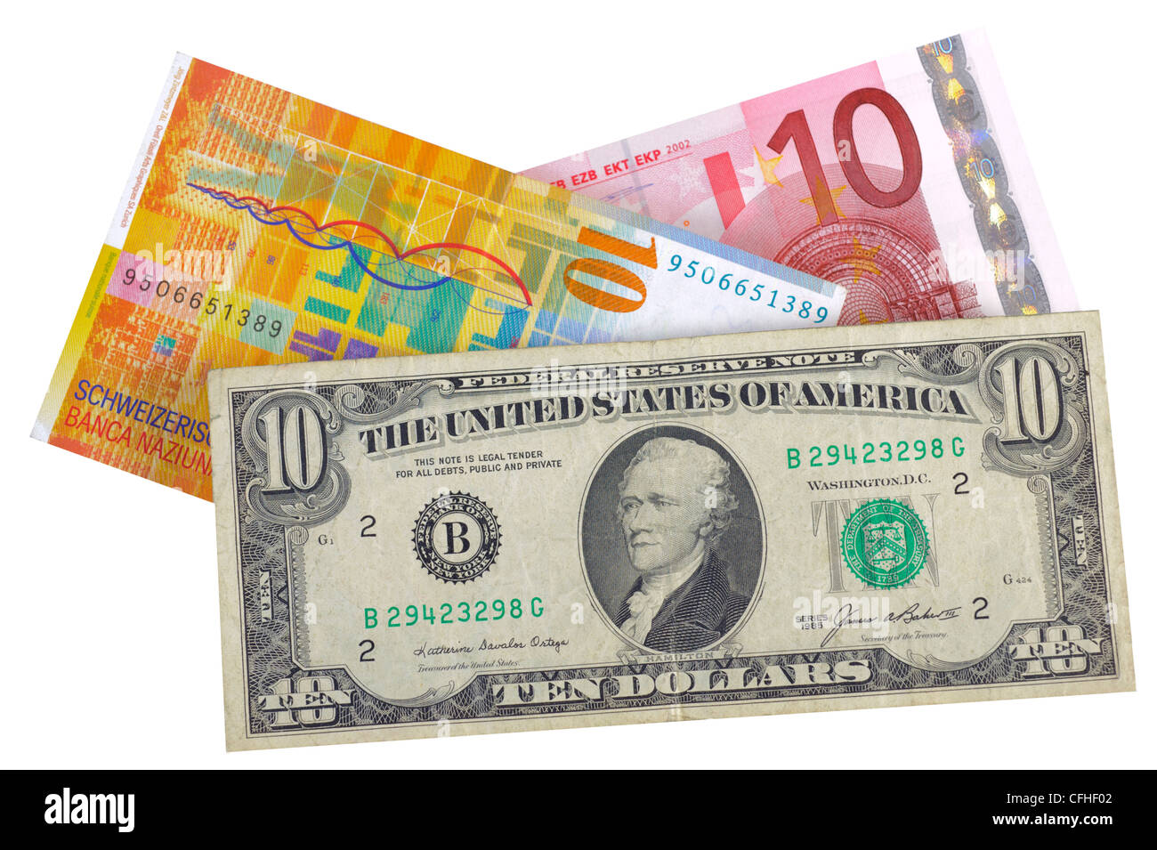 Euro, Dollar, Franken, Währung Stockfoto