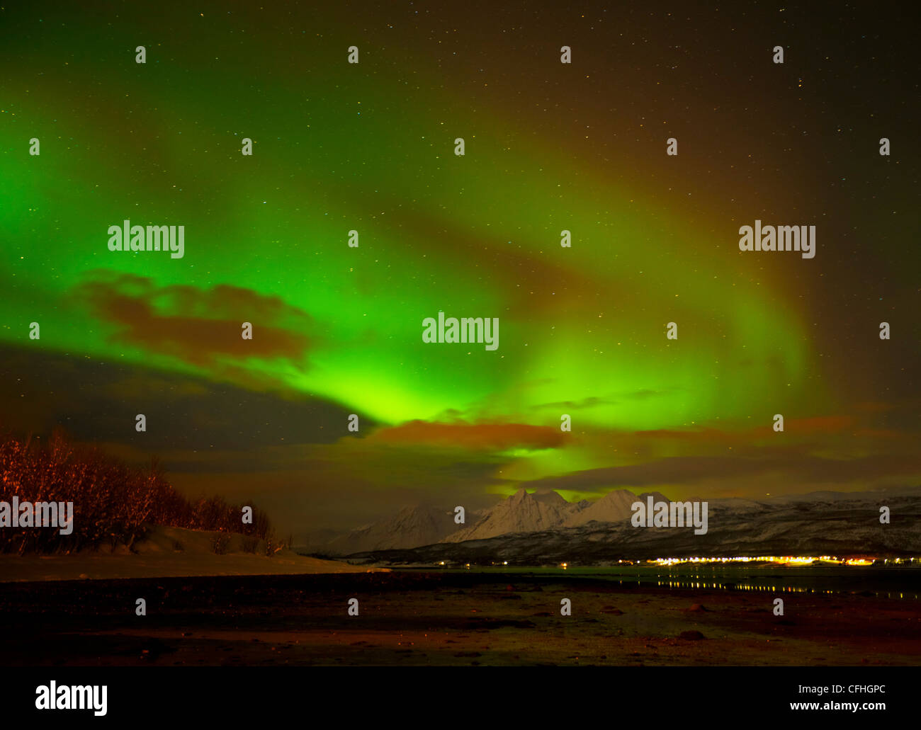 Aurora Borealis oder das Nordlicht gesehen über die Lyngen Alpen und Ullsfjord, Troms, Nord-Norwegen, Europa Stockfoto