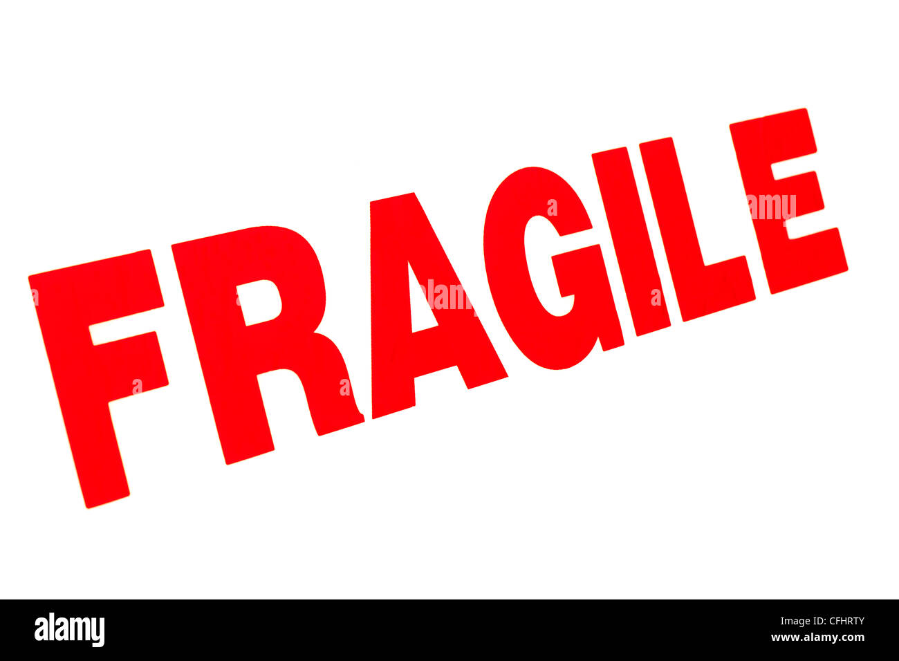 Das Wort Fragile in roten Buchstaben geschrieben Stockfoto