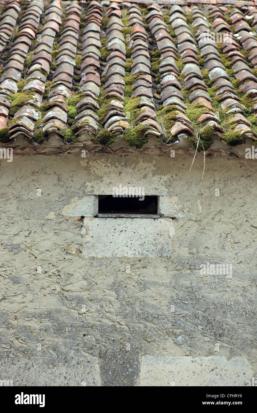 Naturstein-Scheune mit Dachpfanne Dachziegel in der Dordogne-Region von Frankreich Stockfoto