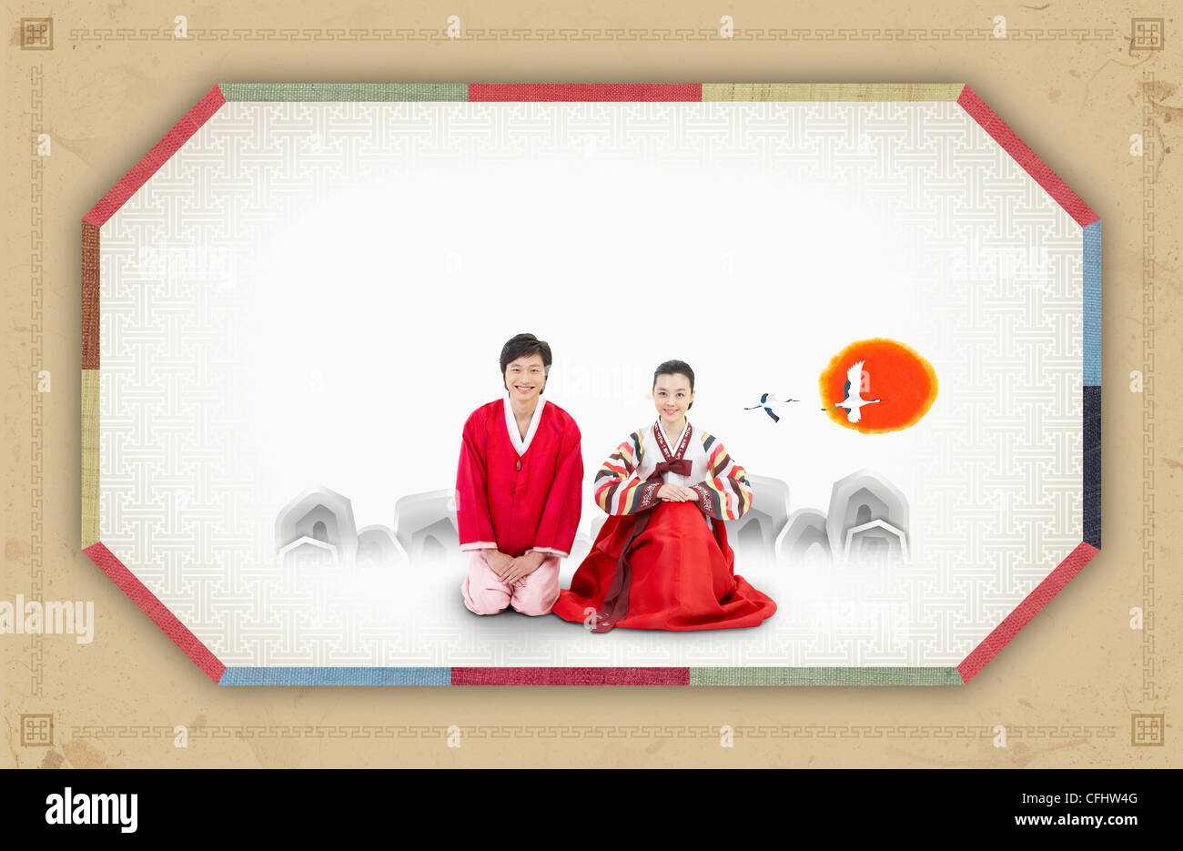 Neujahrskarte mit Mann und Frau in traditioneller Kleidung Stockfoto