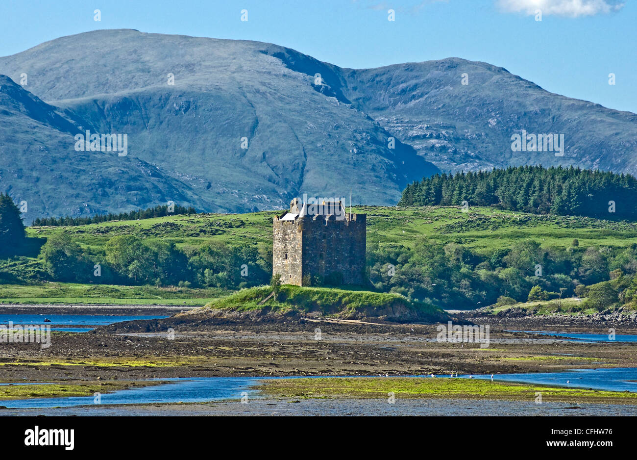 Castle Stalker am Portnacroish in der Nähe von Appin in Loch Linnhe westlich von Schottland Stockfoto