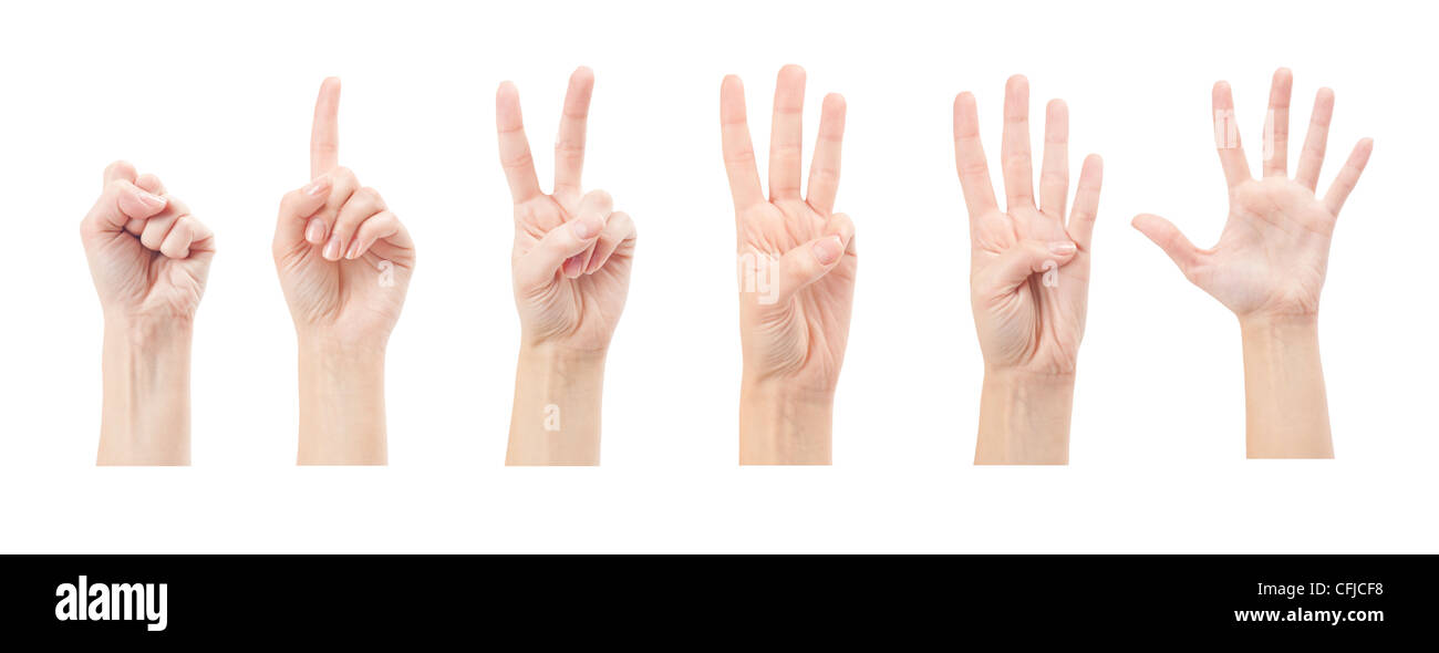 Zählen Frau Hände (0 bis 5) isoliert auf weißem Hintergrund Stockfoto